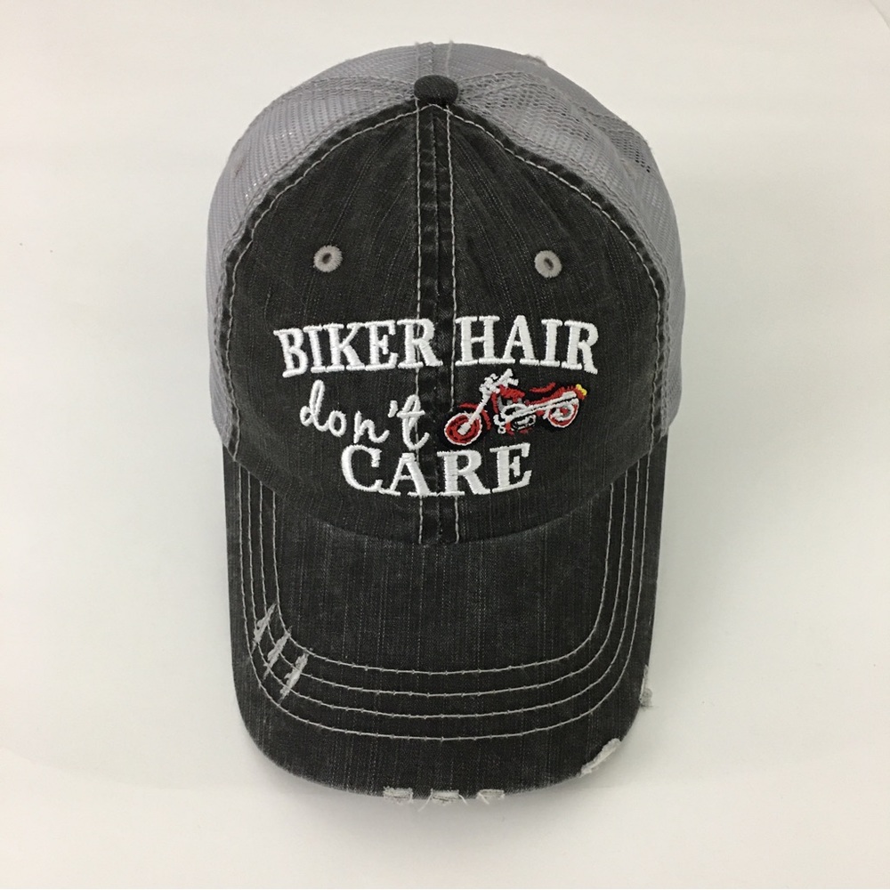 Biker Hair Don’t Care Distressed Embroidered Baseball Biker Cap - Picture 2 of 8